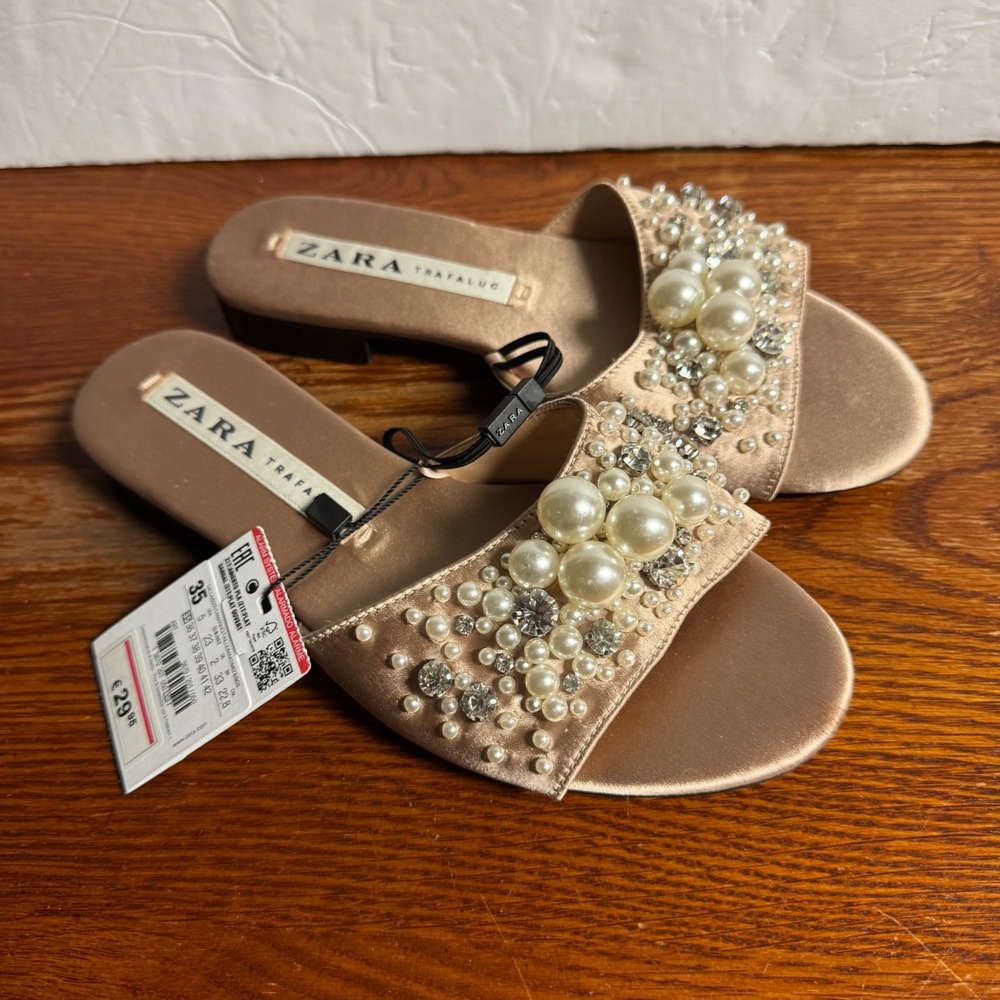 Zara Trafaluc Pearl Rhinestone Satin Slide Sandals Champagne NWT Size 35